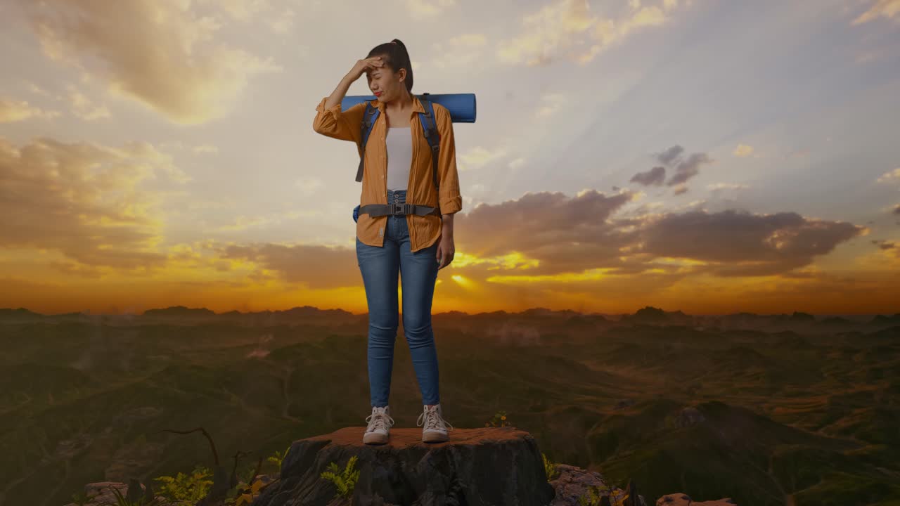 viajero estresado en la cima de la montaña al atardecer