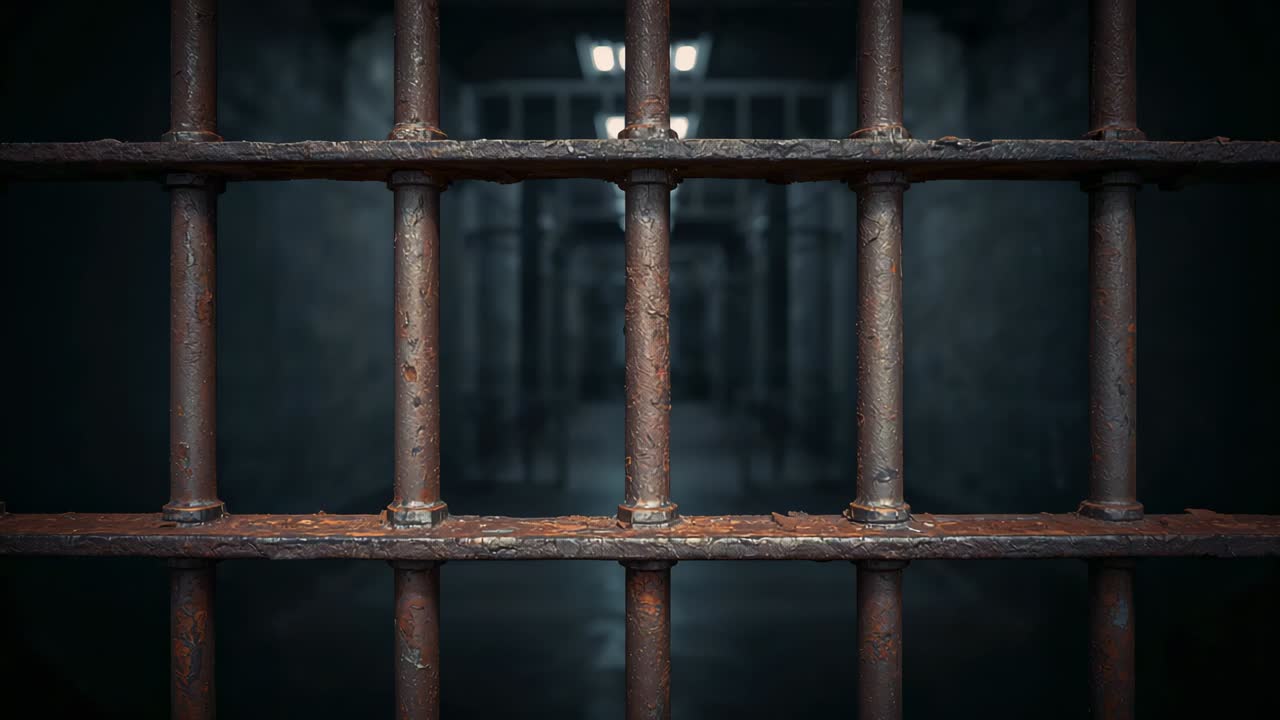 Steady camera holding frame, framing rusted jail gate and cellblock corridor with overhead light