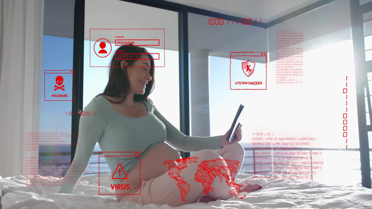 Woman sitting on bed by window using tablet and causing security alerts over screen indicating hack