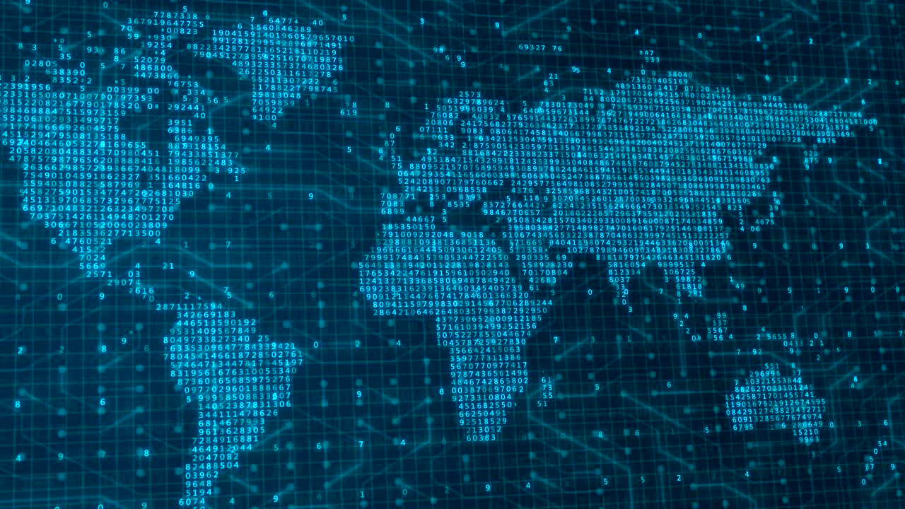 Looping Digital World Map of Binary Code and Numbers on Futuristic Global Network Background