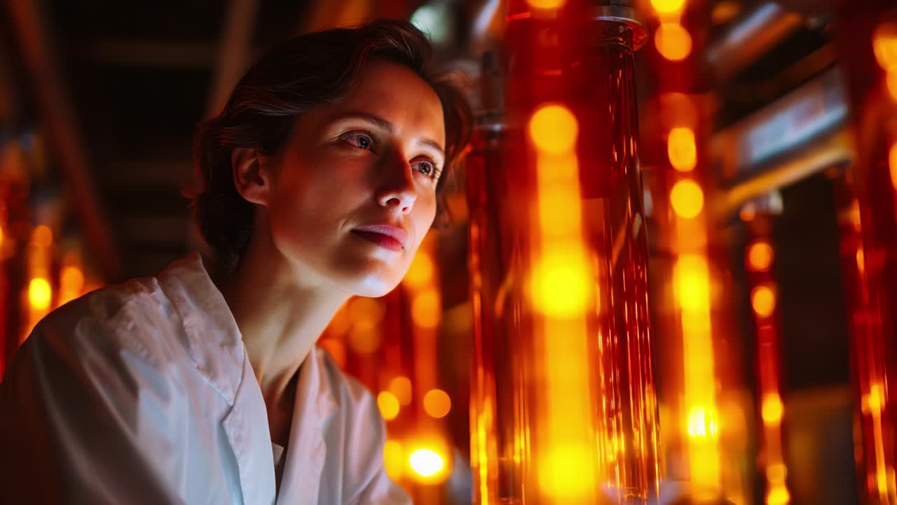 Scientist Observing Orange-Light-Reactive Vessels: The Intricate Dance of Laboratory Science in Action with a Focus on Experimental Research and Innovation Bathed in Nutrient Solutions