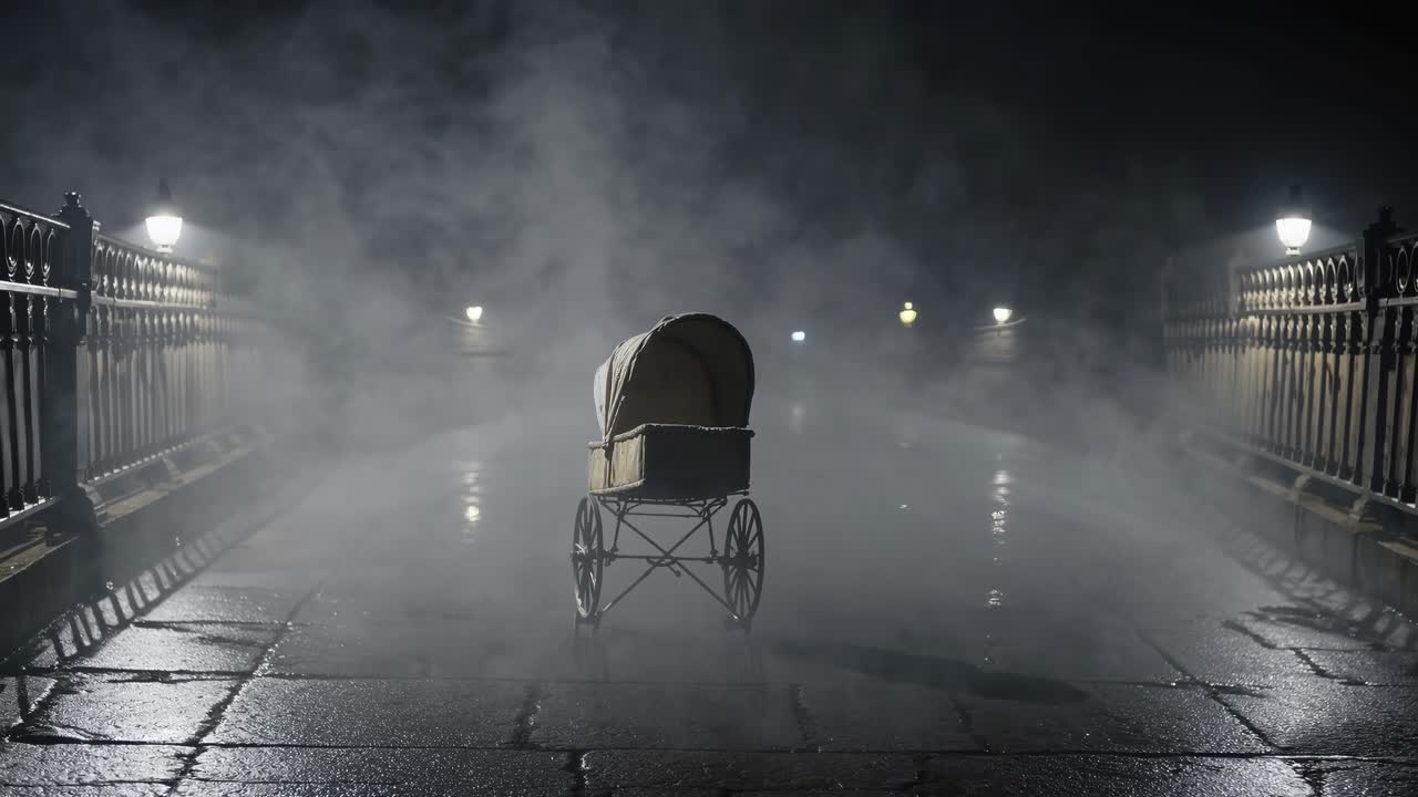 Mysterious vintage baby carriage stands alone on a foggy bridge at night, illuminated by street lamps, creating an eerie atmosphere of suspense and intrigue
