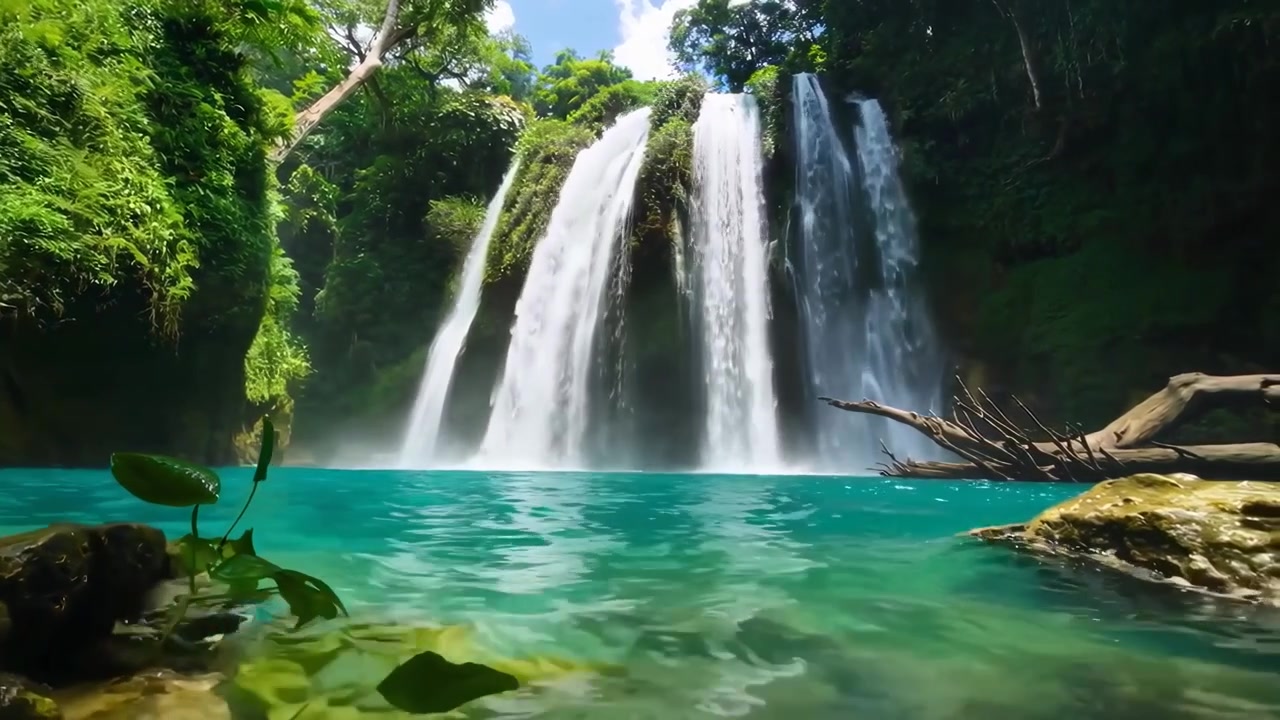 Cachoeiras Tropicais Majestosas Fluindo para uma Piscina de Água Turquesa Clara