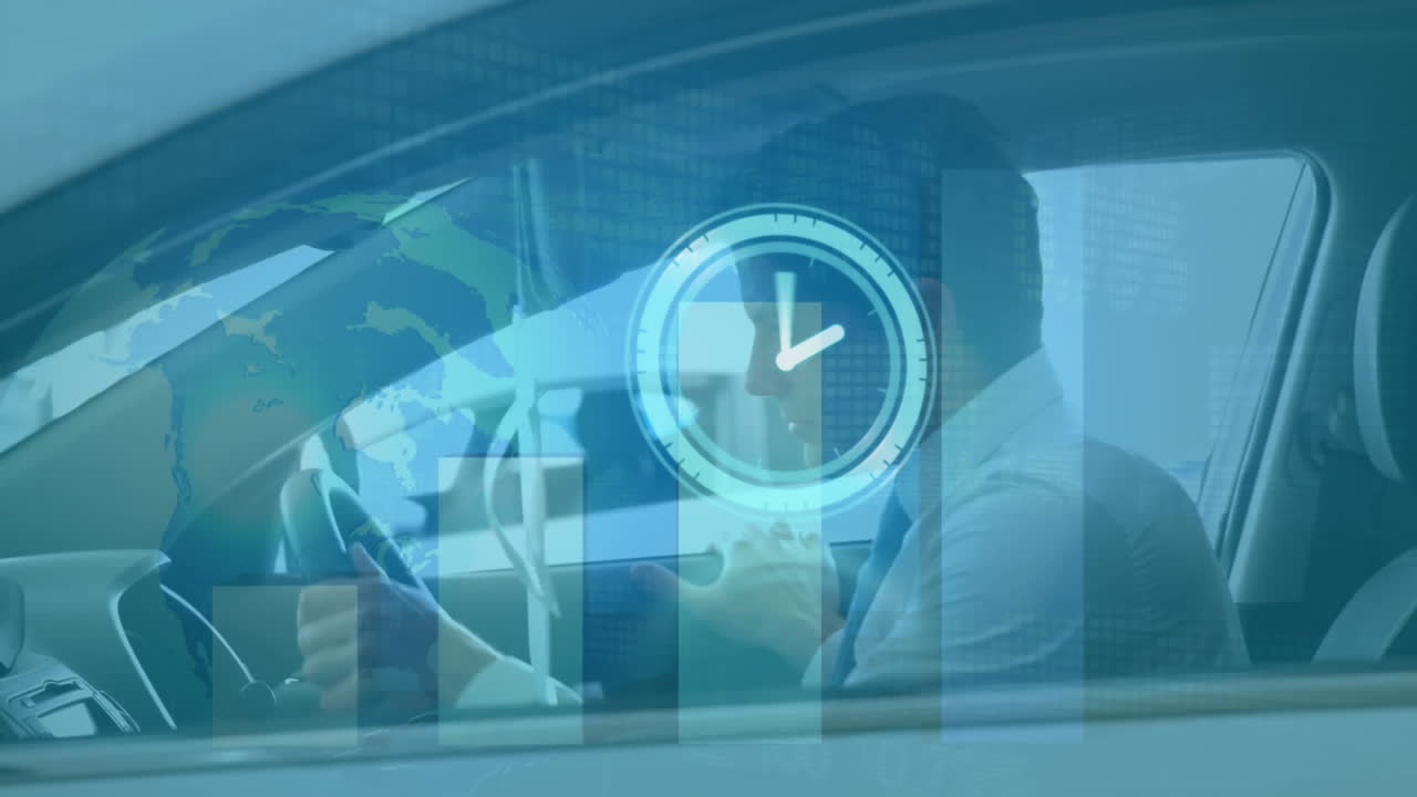 анимация движущихся часов и фондового рынка с глобусом над кавказским человеком, сидящим в машине