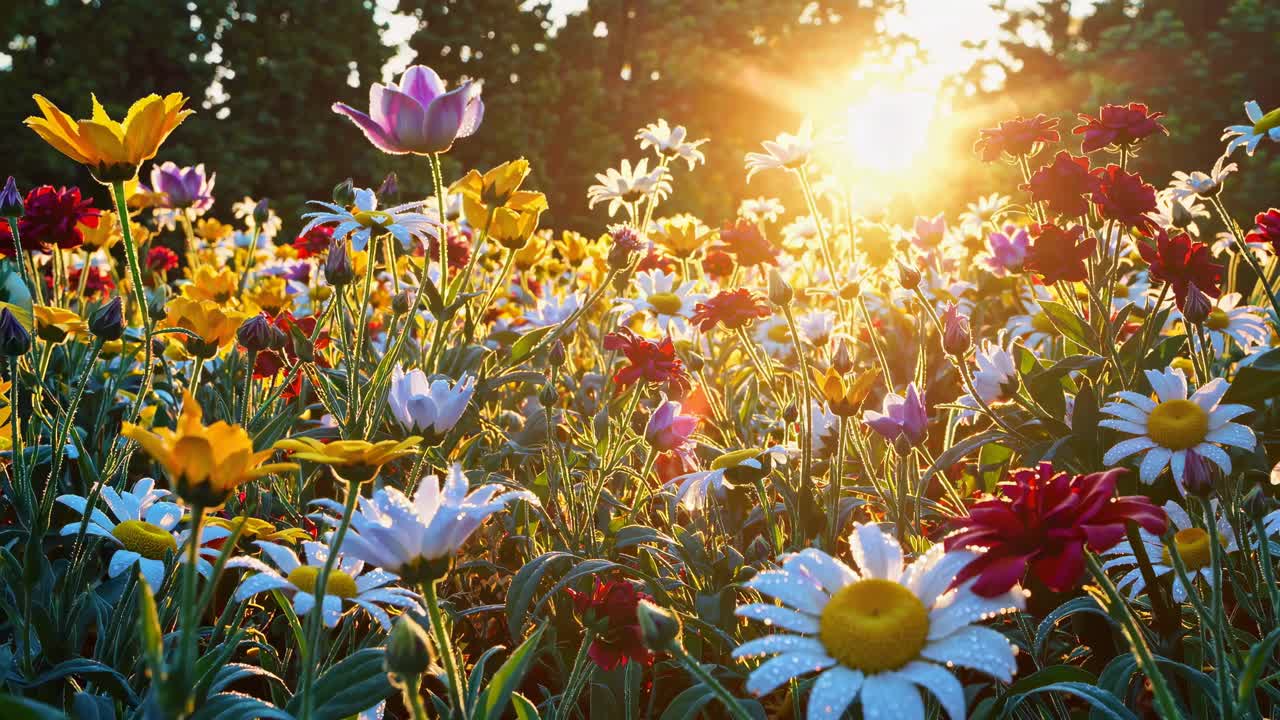 Vibrant wildflowers in a field at sunrise, captured from a low-angle, creating a warm, serene