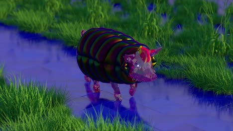 arte digital de un cerdo geométrico colorido en un paisaje de hierba