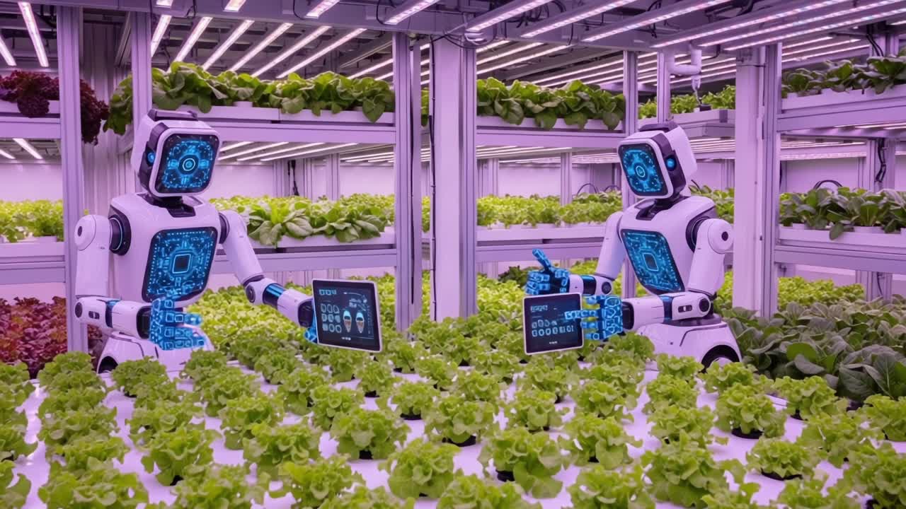 Futuristic Agriculture: Advanced Robotics Cultivating Hydroponic Lettuce in a High-Tech Greenhouse Environment with Integrated Smart Systems