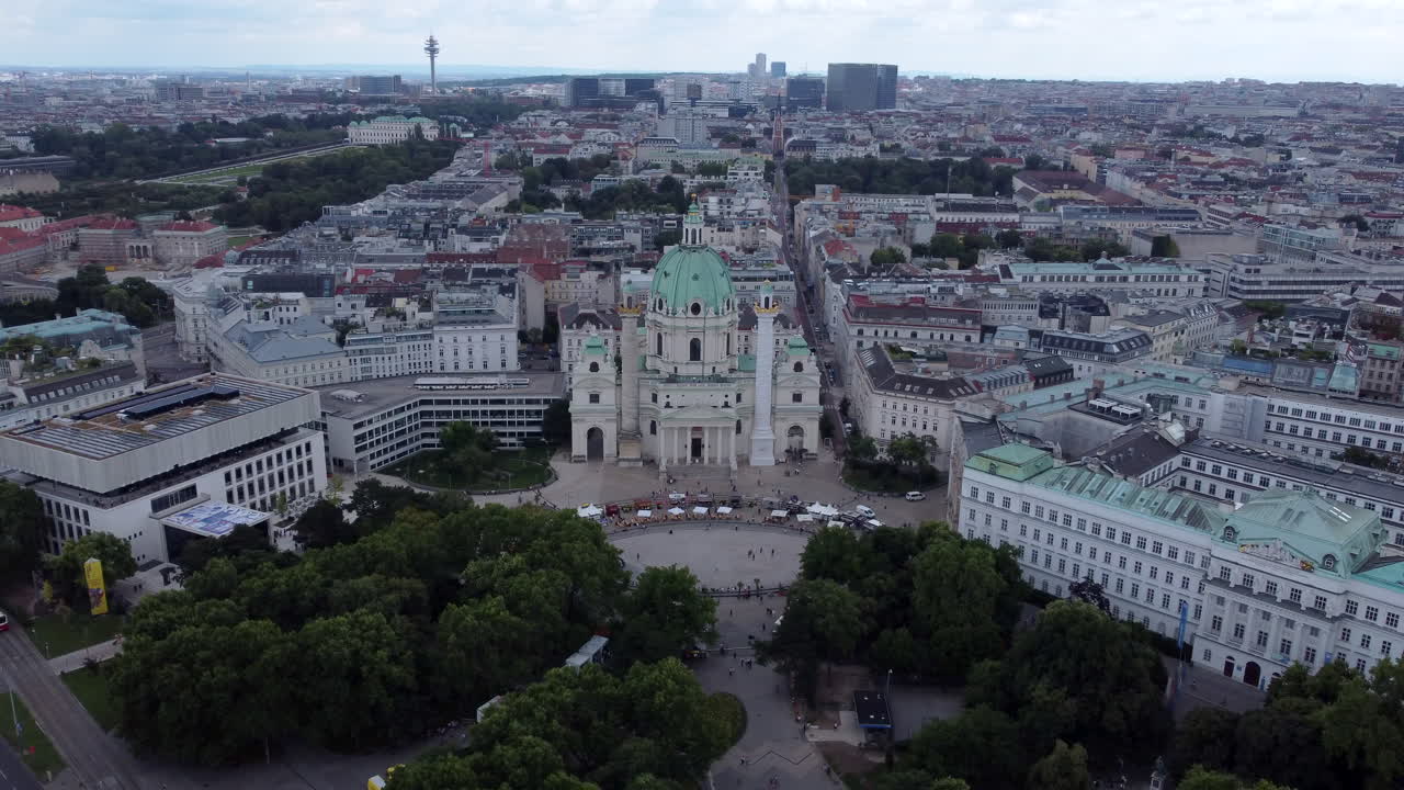 Karlskirche - Saint Charles Church - and City in Vienna, Aerial Orbit