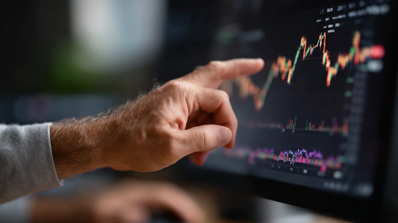 Analyzing Stock Market Trends: A Close-Up on Technical Indicators with a Hand Pointing at a Digital Graph Displayed on a Computer Screen