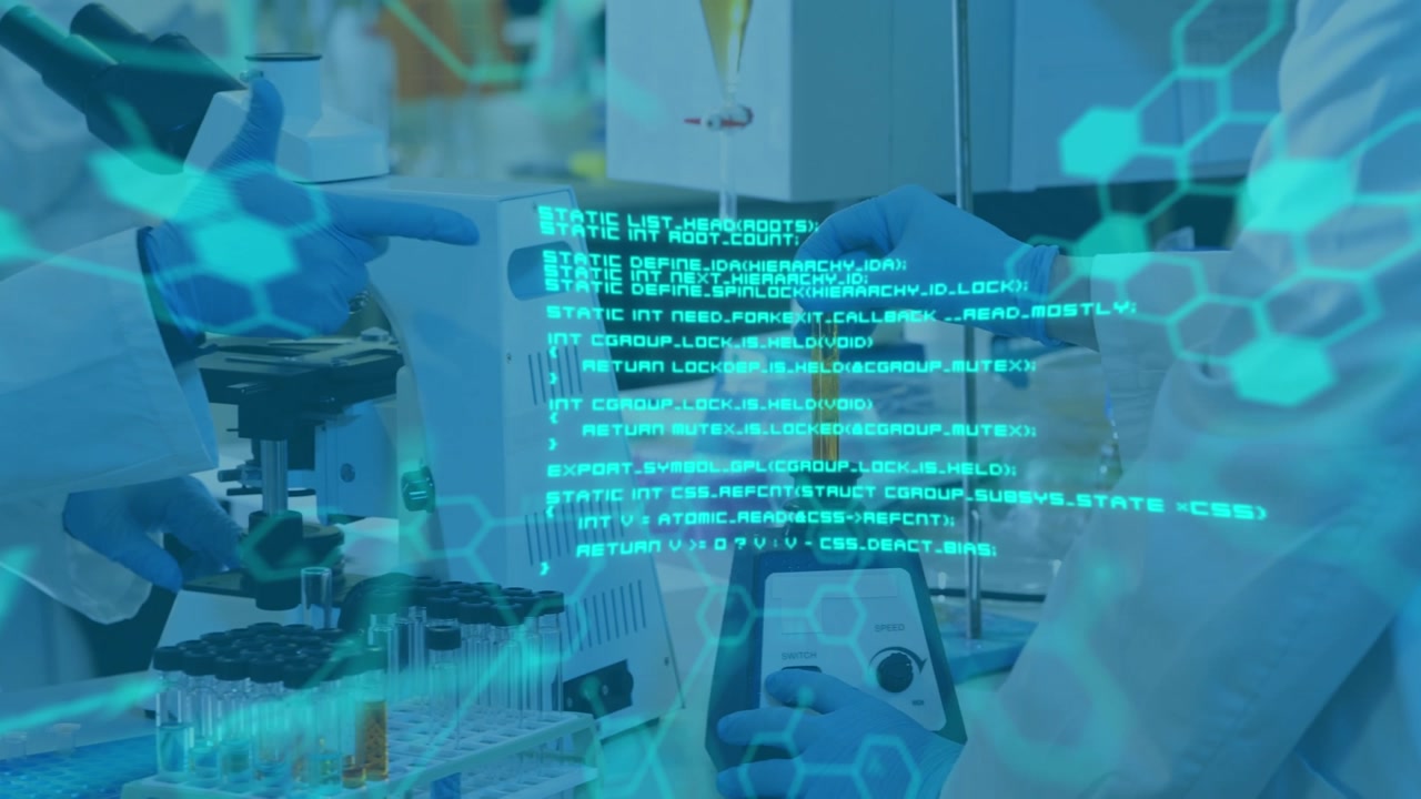 Animation of data processing over caucasian scientists in lab