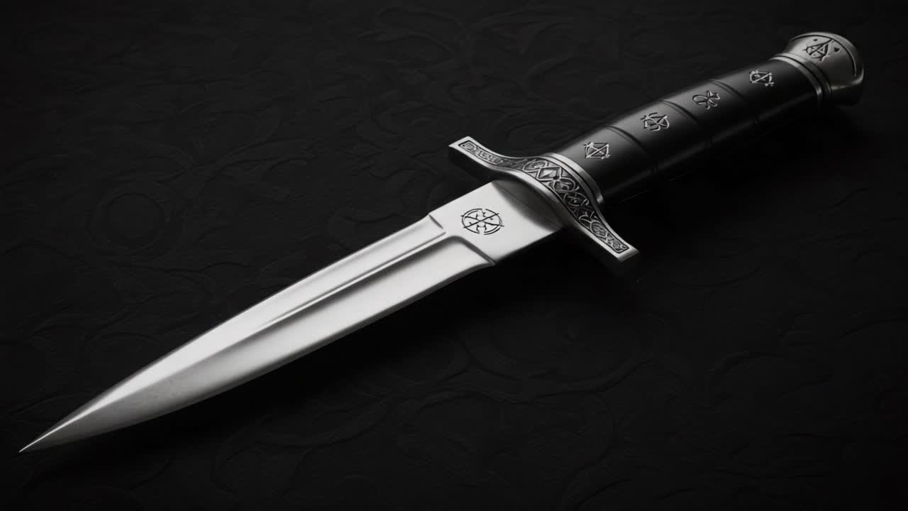A Stunning Silver Dagger with Intricate Design and Elegant Handle Resting on an Elegant Black Surface, Perfect for Collectors and Historical Enthusiasts