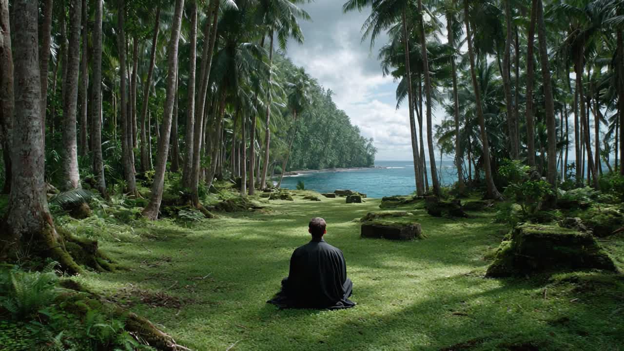 A Meditative Journey: Embracing Tranquility Amidst Lush Palms and Serene Ocean Views in a Peaceful Natural Setting