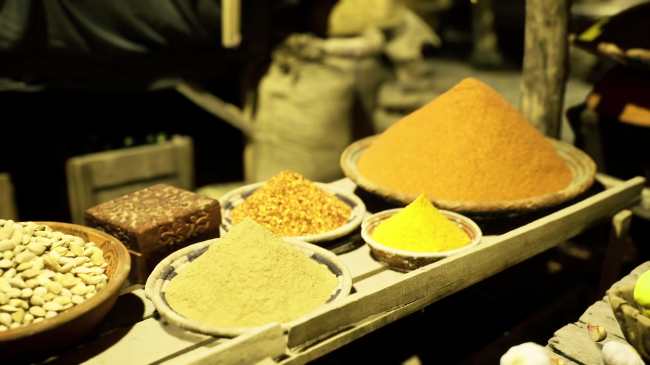 Market featuring diverse large quantities of flavoring components for chefs
