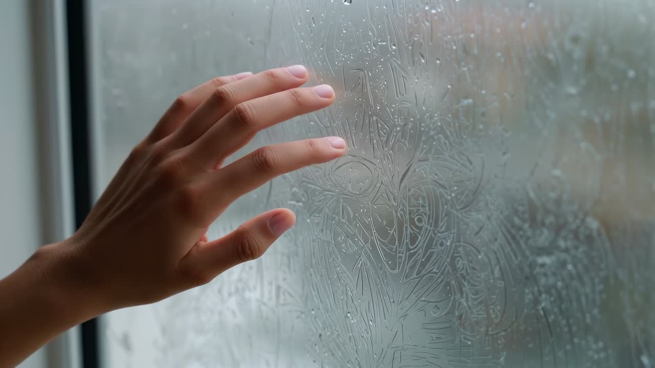 Tracing left hand, bare-forearm, moving across wet etched window at ...