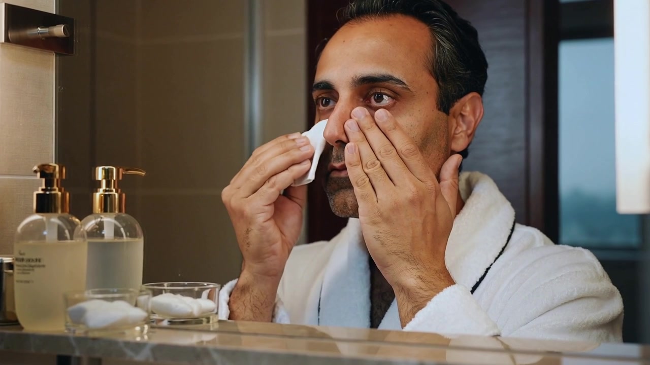 Picking cotton pad, man wearing white bathrobe pressing under-eye and nose for grooming at vanity