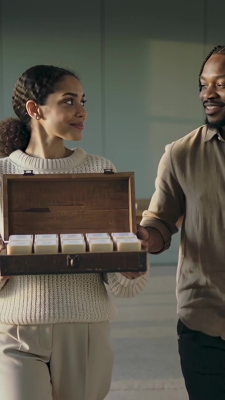 Vertical video: Walking in couple carrying wooden box in hallway, in cream sweater
