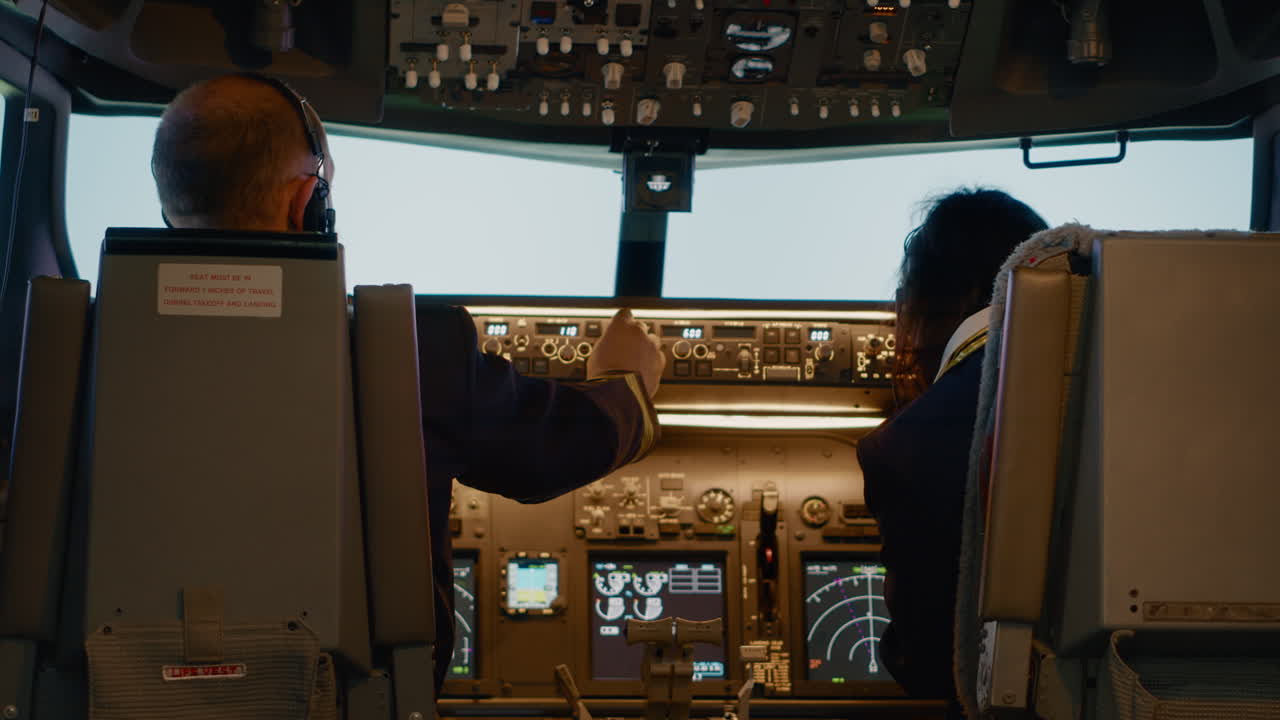 Male captain fixing altitude and longitude levels to fly airplane