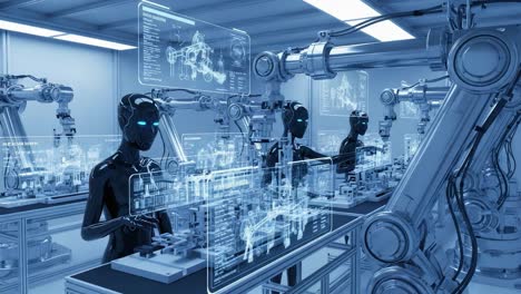 exploring the future of automation: sophisticated robots and advanced robotics in a high-tech industrial environment with interactive displays and precision engineering