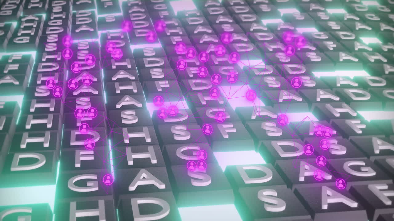 바이너리 코딩을 통해 사람 아이콘과의 연결 네트워크의 애니메이션