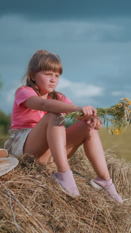 la niña se sienta en una bola de heno sosteniendo flores silvestres mientras observa su mano, con un sombrero de sol a su lado, el hermano menor está ocupado jugando con heno en un vasto campo de campo bajo la cálida luz del sol