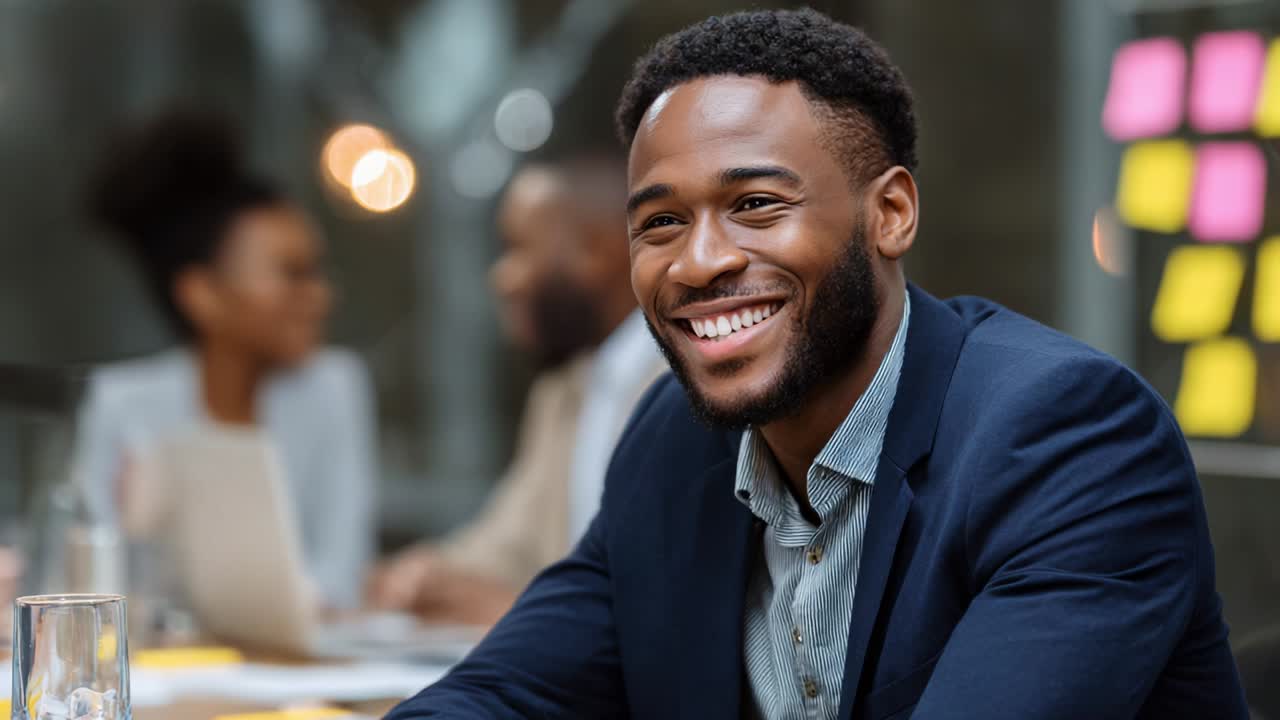 Um jovem confiante e alegre, trajando vestimentas formais, compartilha um momento de alegria durante uma reunião colaborativa, irradiando positividade e envolvimento entre seus colegas em um ambiente de trabalho moderno.
