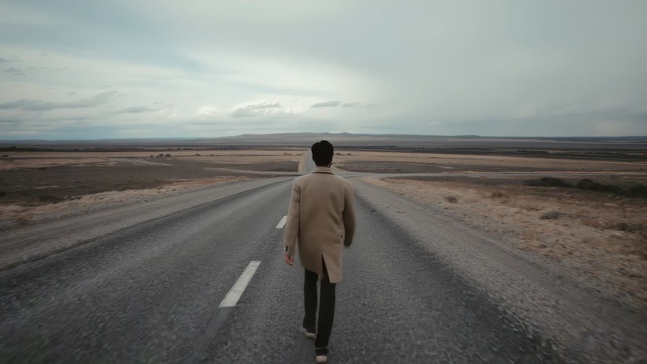 Camera starting, walking man in beige coat heading toward horizon on two-lane road, with rain shaft