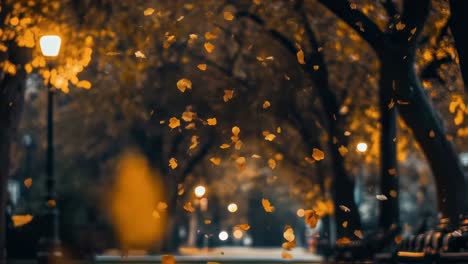 Warm streetlights illuminating golden foliage gently falling from branches, painting urban park landscape with soft autumnal colors during twilight transition
