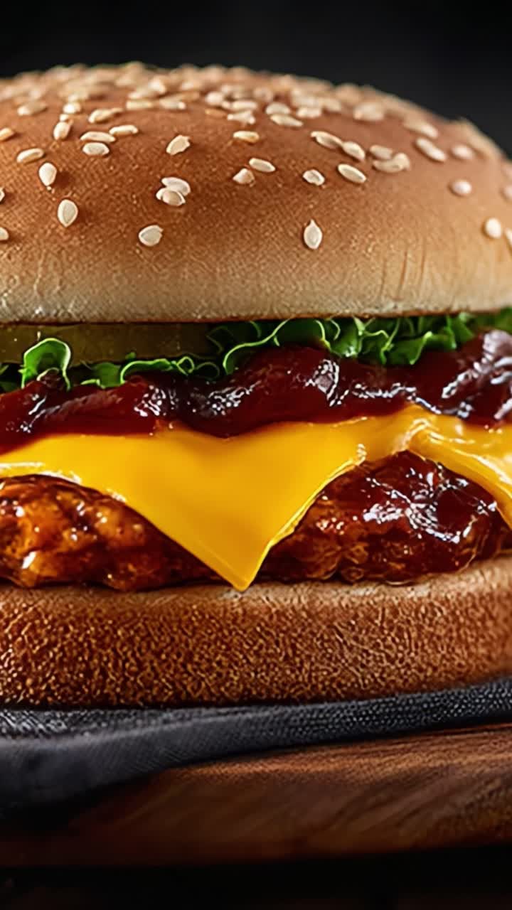 とろけるチーズと新鮮なレタス、ゴマ付きバンズがおいしいソースチキンバーガー。満足のいく食事体験にぴったりです。