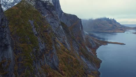 picturesque drone view of scenic fjord under gloomy sky