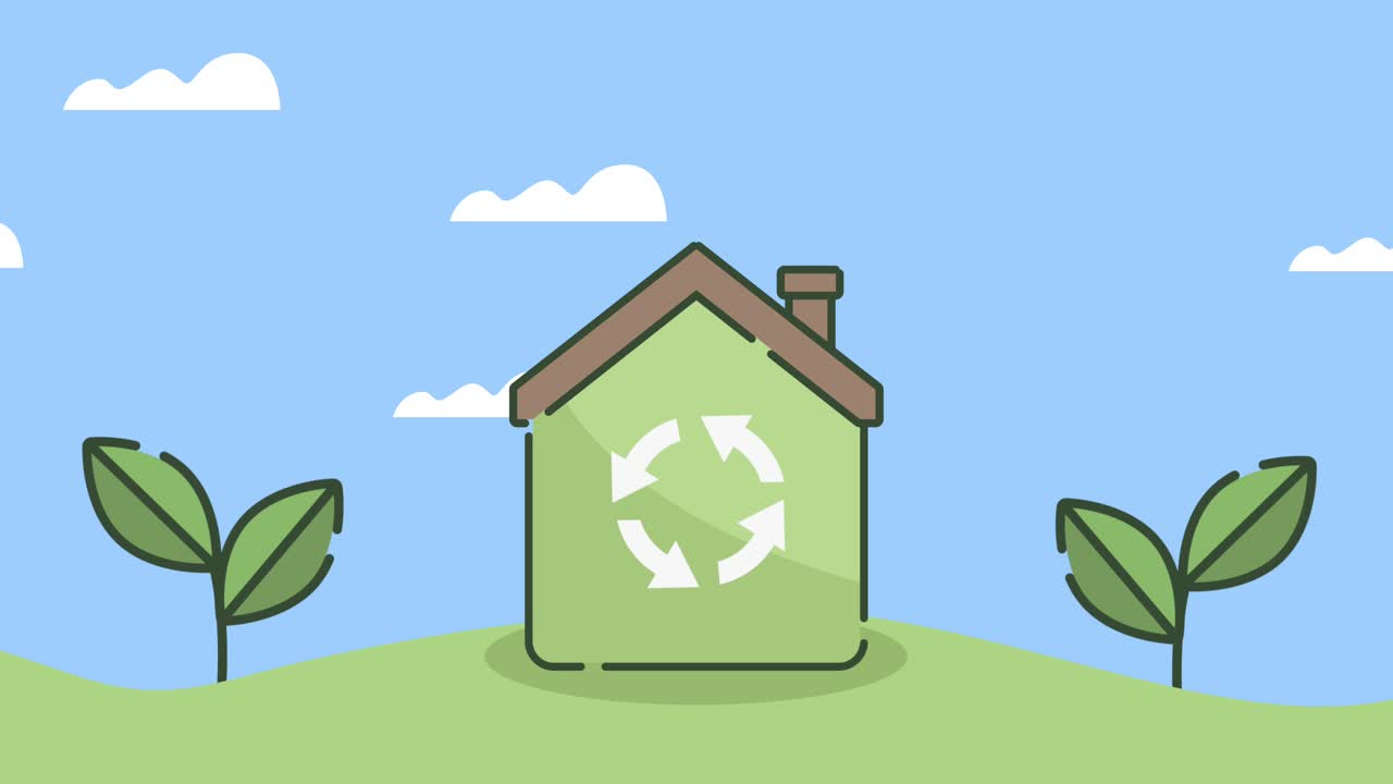 animación ecológica con flechas reciclar en la escena de la casa