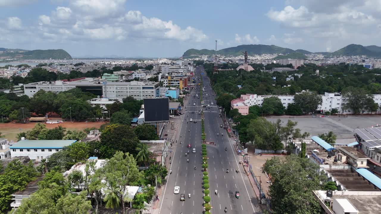 Aerial footage of Vijayawada, near the state capital of Andhra Pradesh, India, shows Amaravati. It is located in the center of the state in the Guntur district. Vijayawada main road