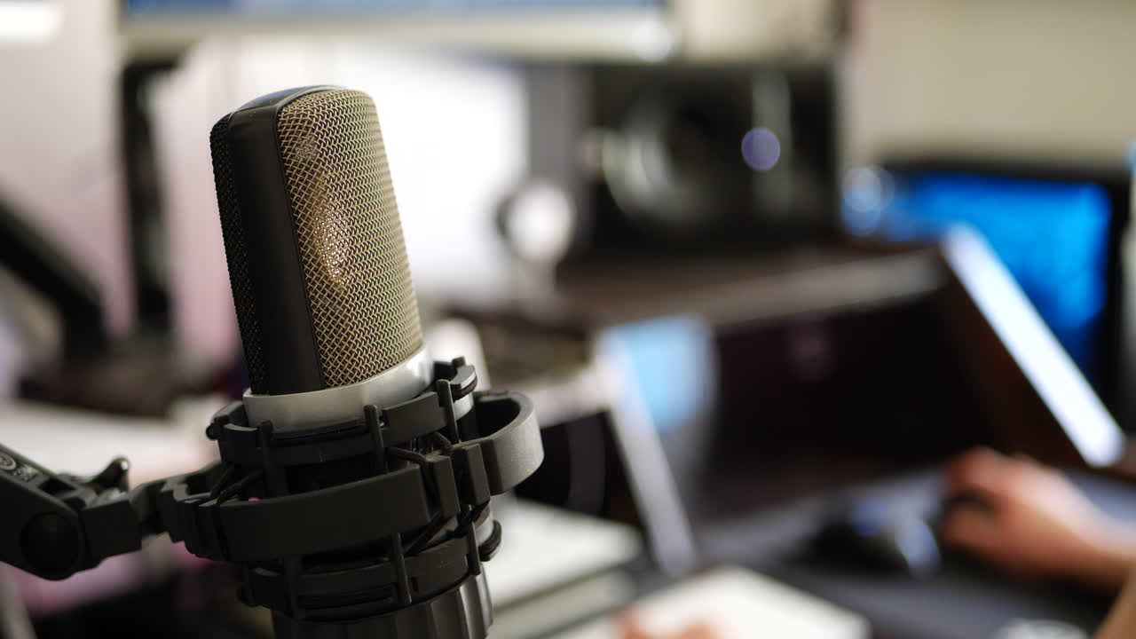 A high quality condenser microphone for a podcast in a music recording studio or livestream radio station