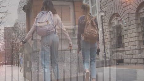 animación de datos financieros y gráficos sobre la vista posterior de las amigas caucásicas
