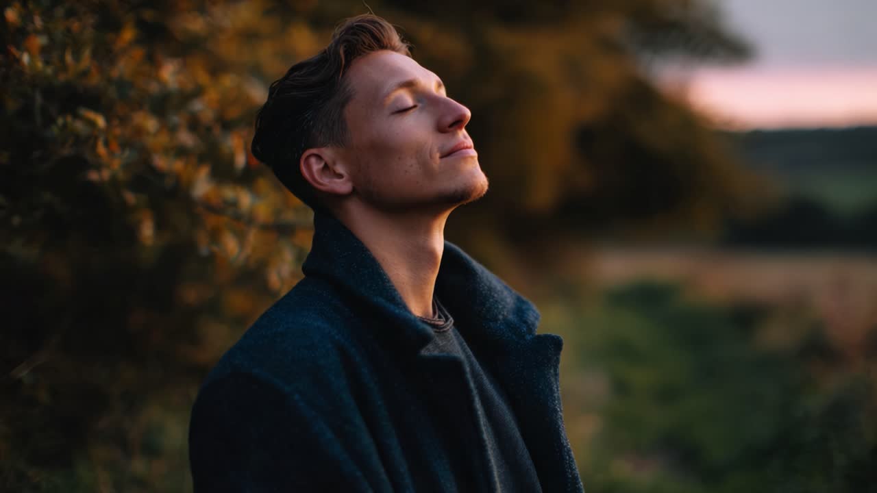 Un momento sereno: Un uomo che sorride e abbraccia la natura in un ambiente esterno tranquillo durante il tramonto, catturando l'essenza della pace e della serenità.