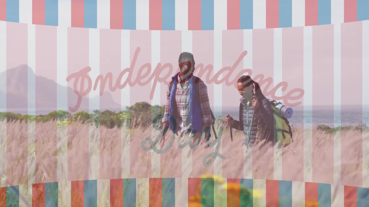 웃는 다양한 커플 하이킹에 대한 독립기념일 텍스트의 애니메이션