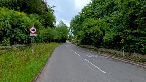a vehicle travels along a quiet, tree-lined road in the peak district, england, under overcast daylight, with smooth camera movement and natural surroundings