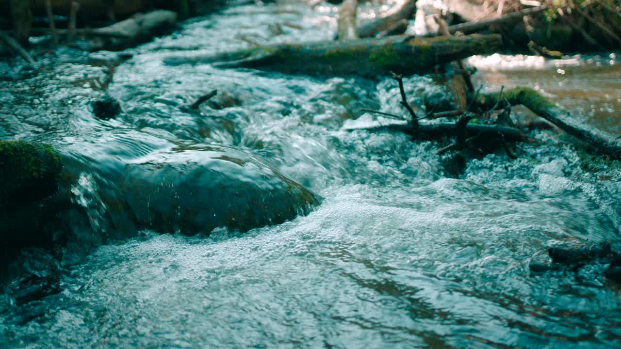 Fiume selvaggio di montagna, primo piano di un ruscello abbondante e limpido