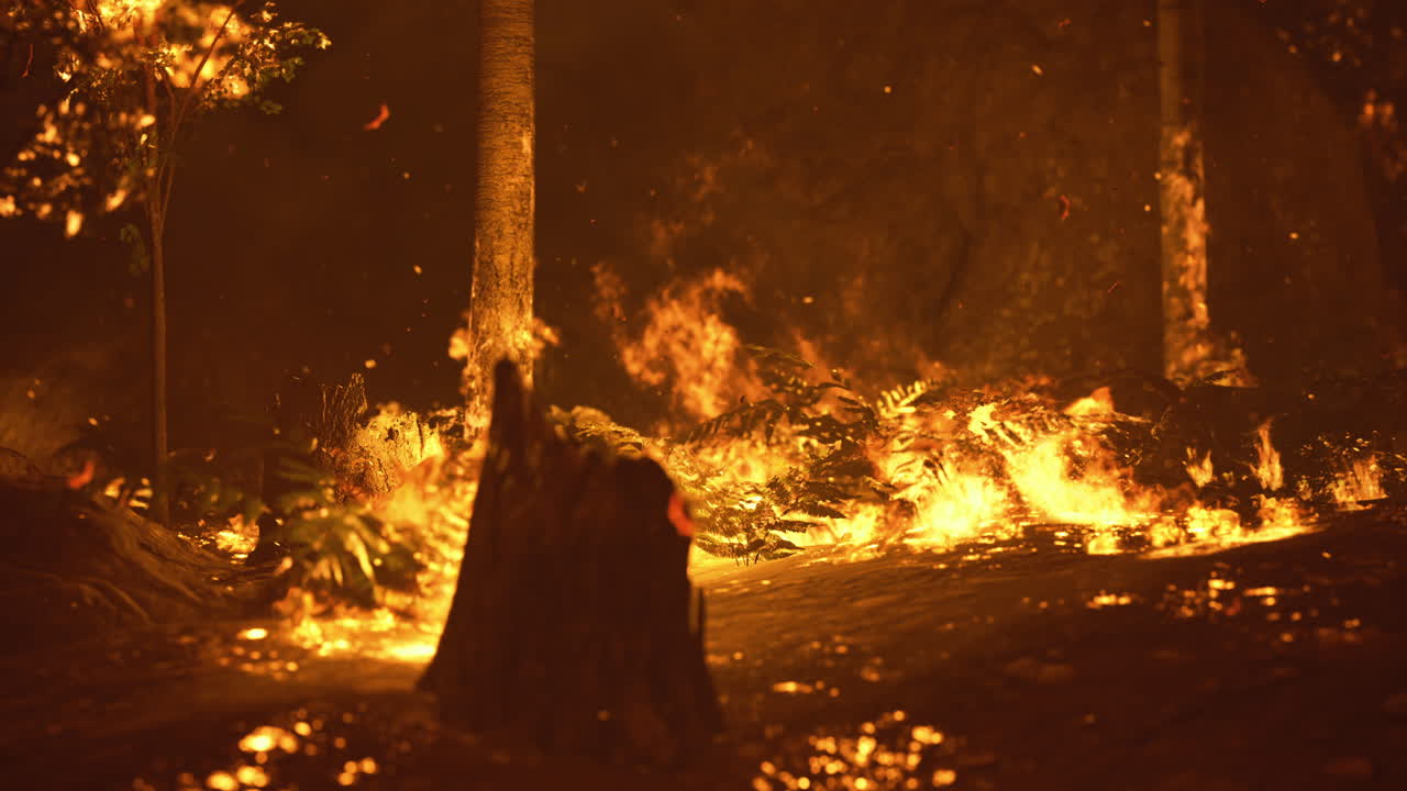 Forest fire spreads rapidly through dense vegetation during nighttime