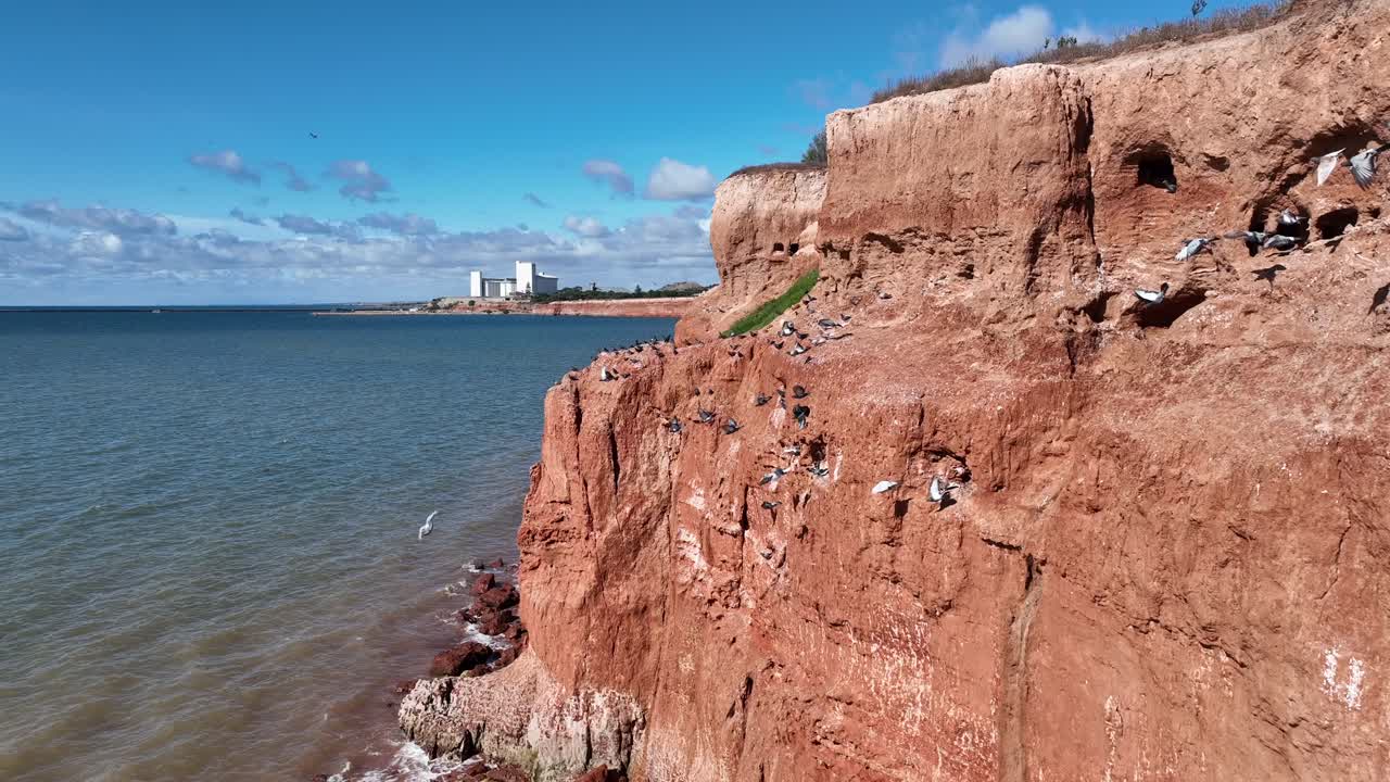 아르드로산 해안선을 따라 붉은 절벽을 지나 비행하는 드론 샷