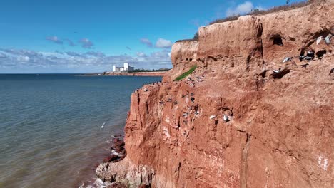 Drone-shot-flying-past-red-cliffs-along-the-Ardrossan-coast-line