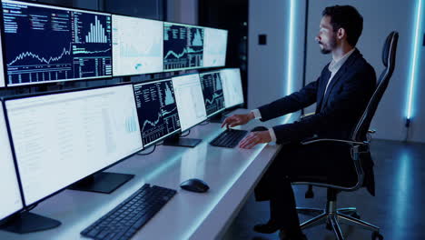 hombre de negocios en una sala de control trabajando con múltiples pantallas de computadora