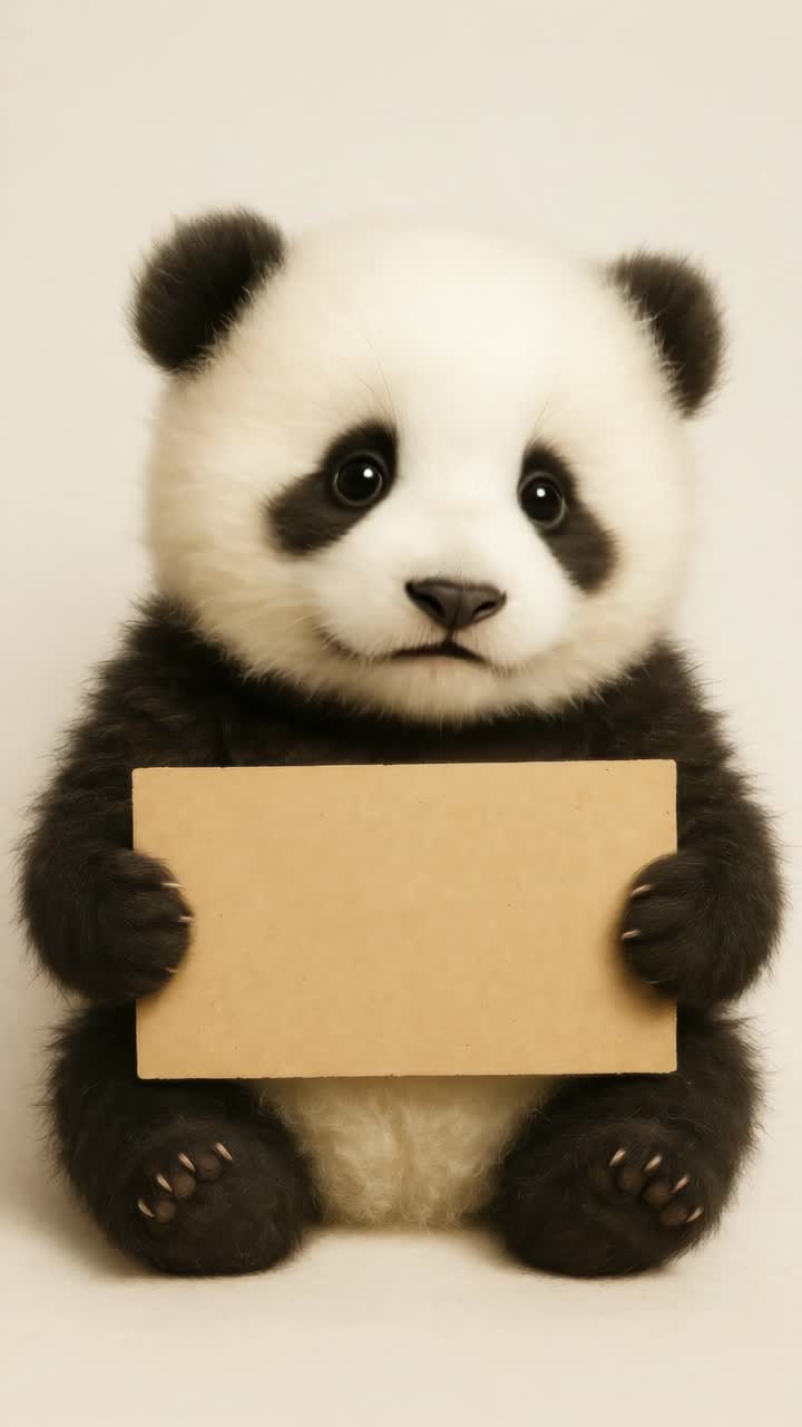 Adorable panda cub holding a blank sign, shot from a front-facing angle