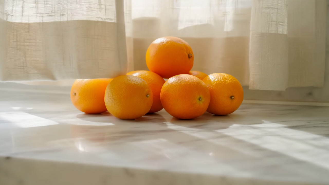 Sunlit Oranges On Marble Windowsill, Stacked Citrus Pyramid Under Sheer Curtains And Soft Shadows, Food