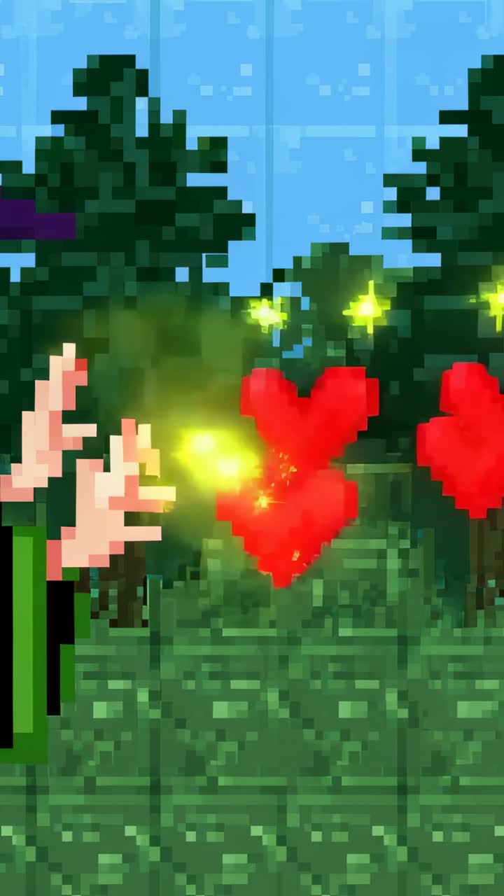 Video verticale: mani che si aprono e inviano sfere dorate in cuori rossi sopra uno sprite nel bosco, donando gioia