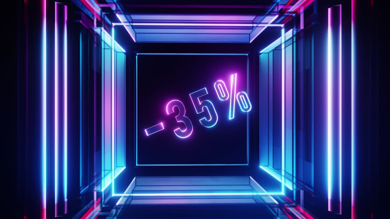 35% de descuento girando en un cubo de neón de vidrio. animación de bucle