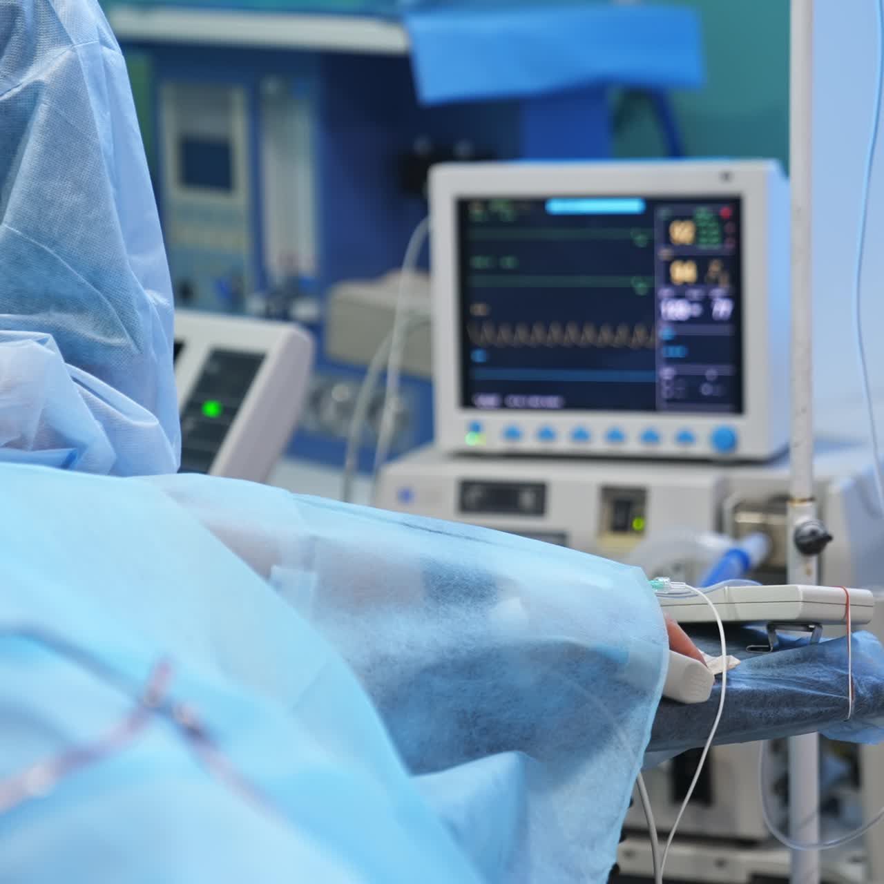 Mano di un paziente con apparecchiature collegate durante un intervento chirurgico. Schermo operativo con parametri vitali sullo sfondo sfocato