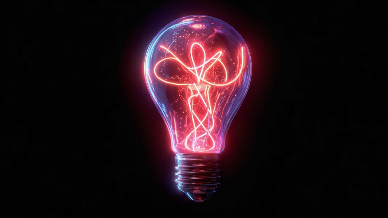 Neon pink and blue light filament with glowing particles moving inside a classic glass light bulb, symbolizing creativity, innovation, technology, and the power of a bright new idea