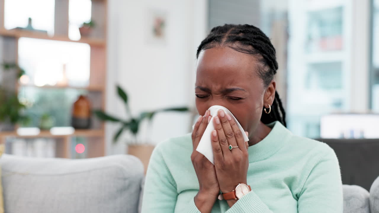 estornudar, soplar la nariz y una mujer negra enferma