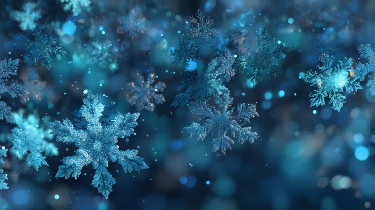 Enchanting Frozen Spectacle: A Mesmerizing Display of Blue Snowflakes Glimmering in the Light, Capturing the Magical Essence of Winter's Chill and Beauty