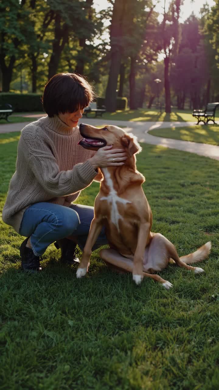 Una escena serena de un parque capturada a la altura de los ojos, que muestra a una persona y a un perro en un momento de juego